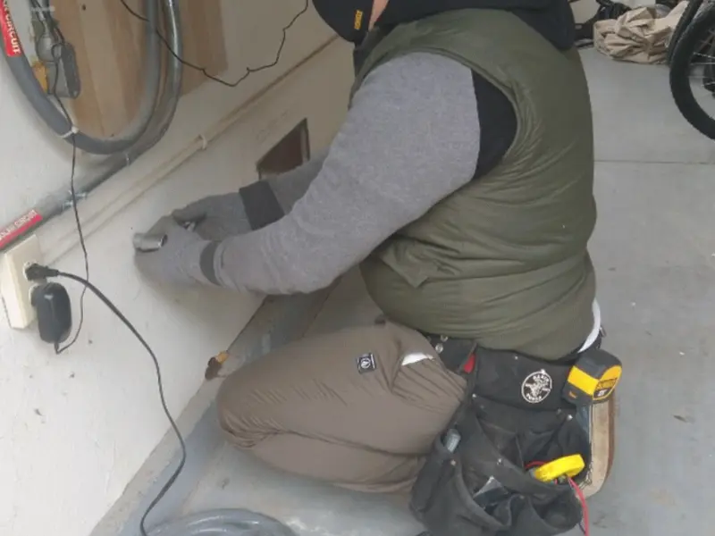 Electrician performing outlet wiring in a Avon garage
